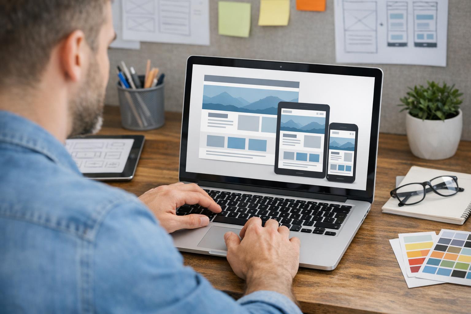 Zdjęcie przedstawiające projektanta tworzącego responsywny szablon strony na laptopie