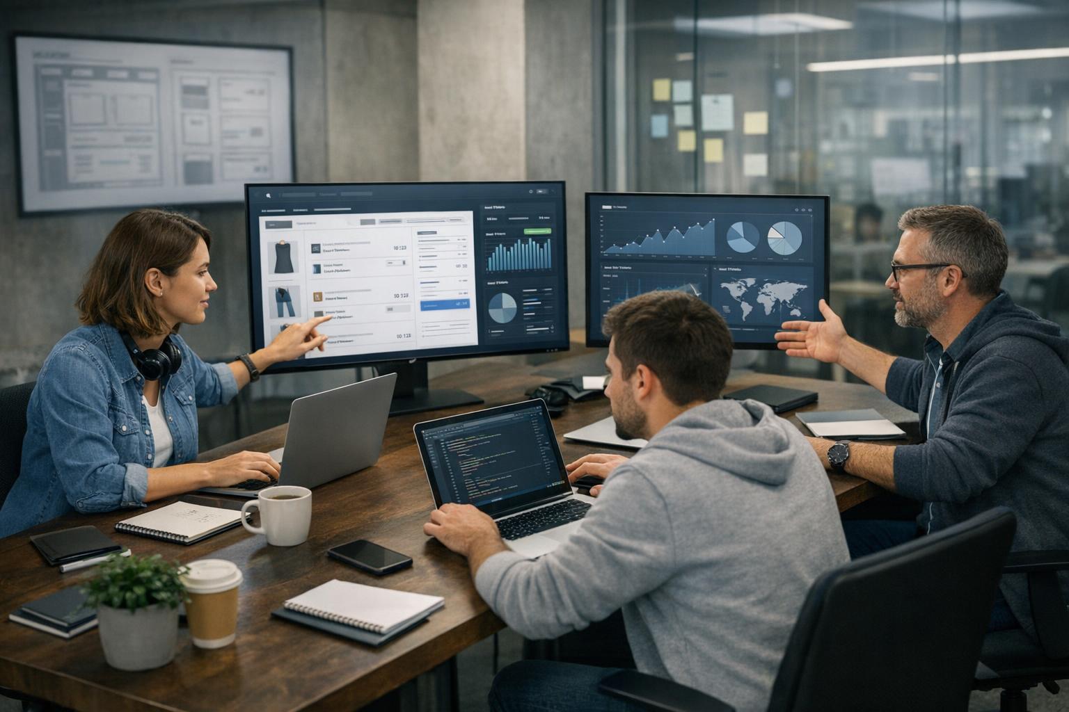 Zdjęcie przedstawiające zespół deweloperów pracujących nad zaawansowaną platformą e-commerce