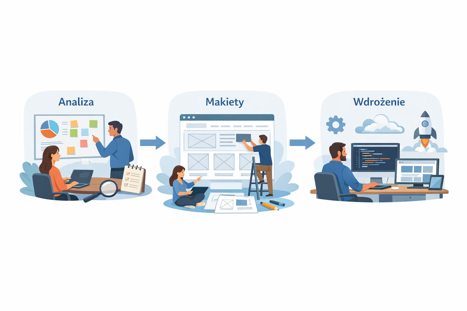 schemat procesu projektowania strony: analiza, makiety, wdrożenie